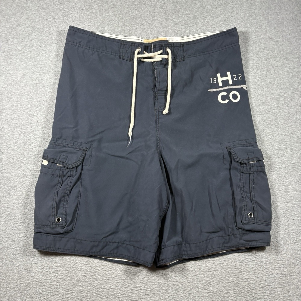VTG Y2K Hollister Mens L Cargo Board Shorts Navy Blue Swim Trunks Baggy Surf